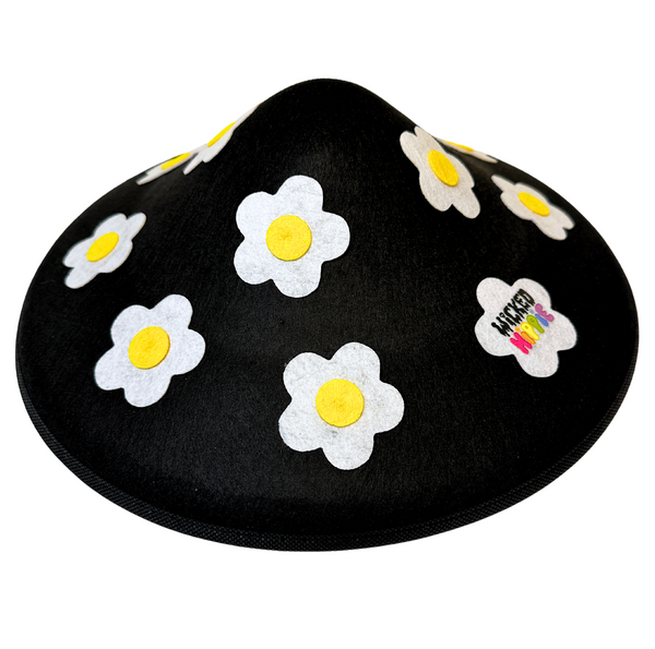 Black Wicked Hippie Mushroom Sun Hat with White and Yellow Daisy Flowers 