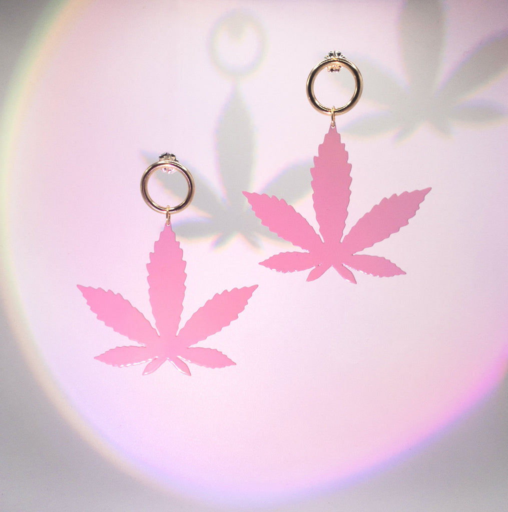 Wicked Hippie High Society Lovers Leaf Marijuana Weed Leaf Earrings in Pink and Gold