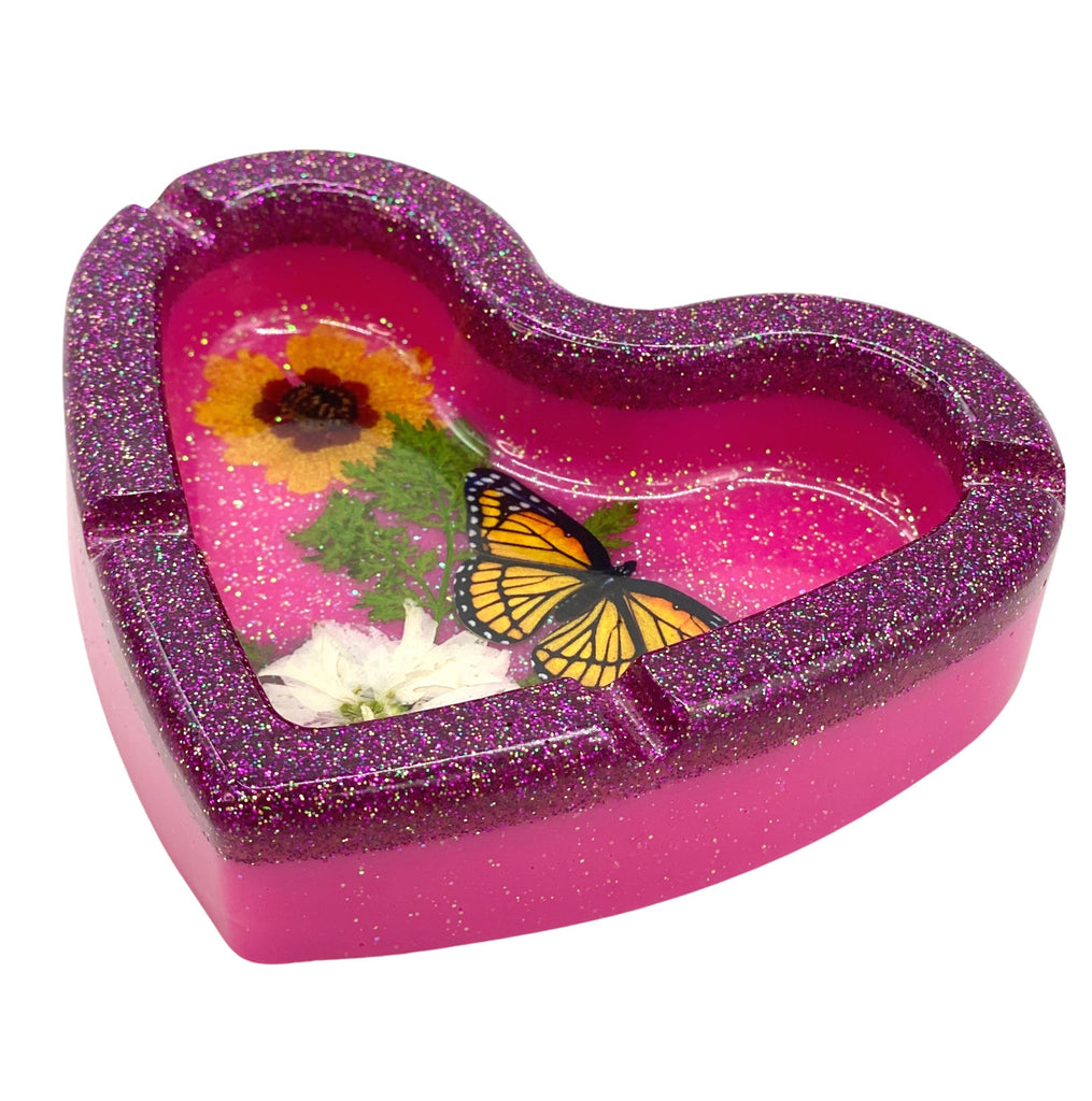 I Heart Flowers Butterflies Ashtray Glitter Resin Home Decor